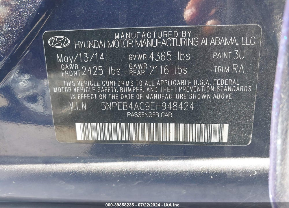 2014 HYUNDAI SONATA GLS VIN: 5NPEB4AC9EH948424