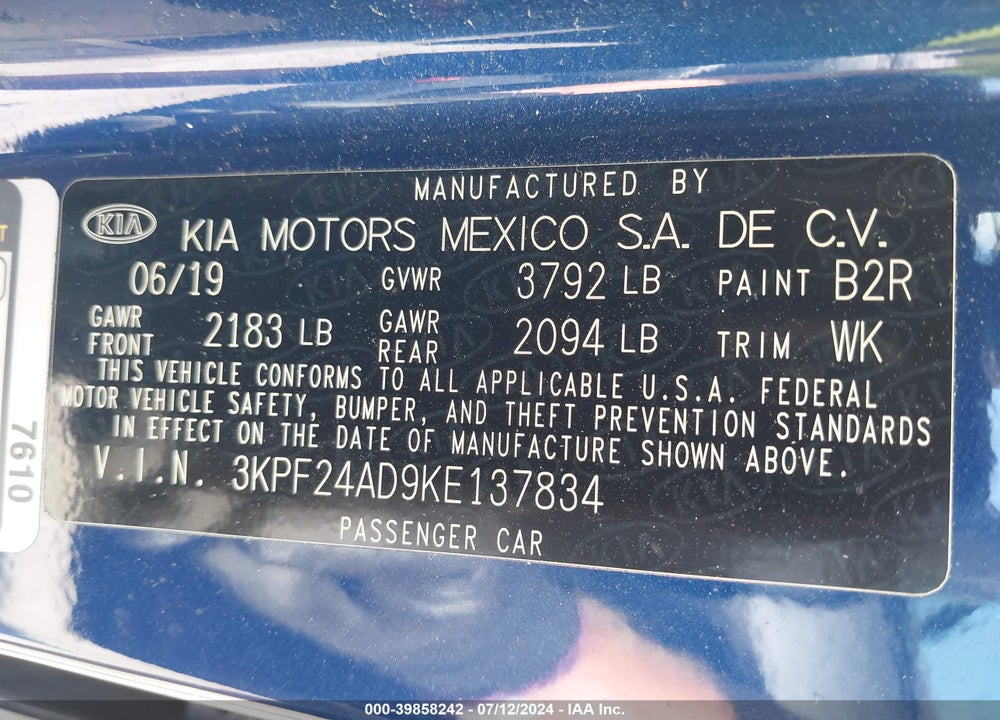 2019 KIA FORTE VIN: 3KPF24AD9KE137834