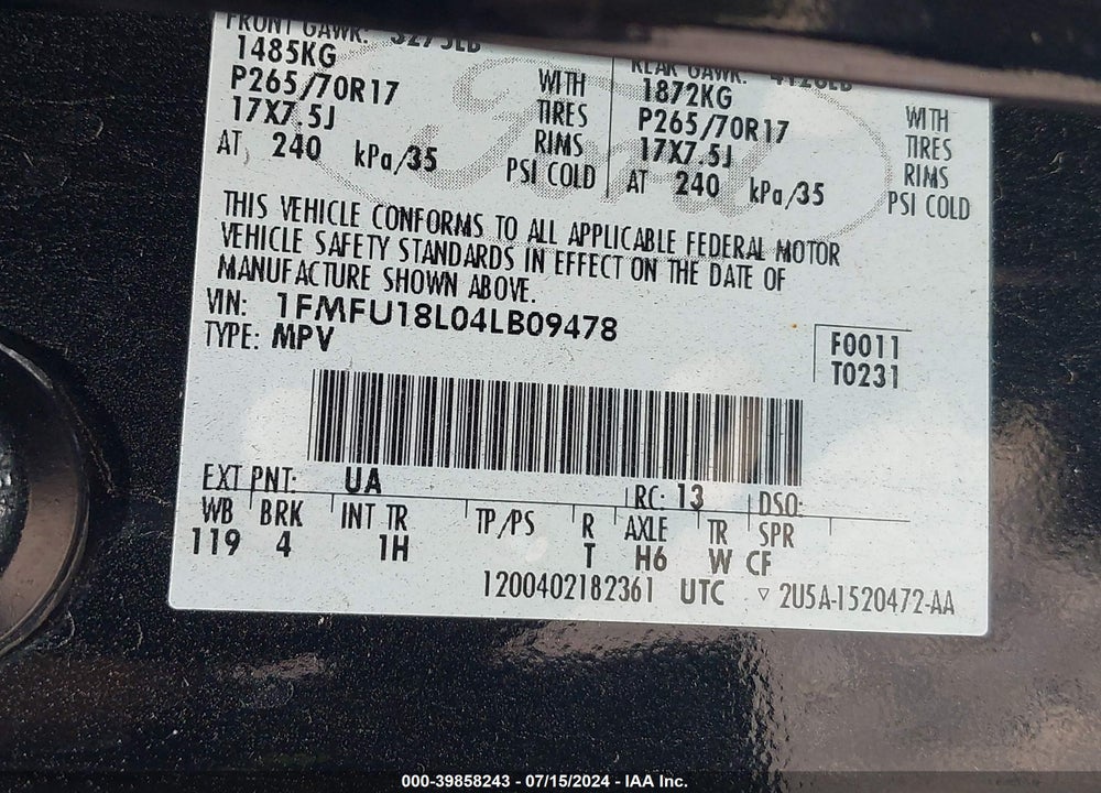 2004 FORD EXPEDITION EDDIE BAUER VIN: 1FMFU18L04LB09478