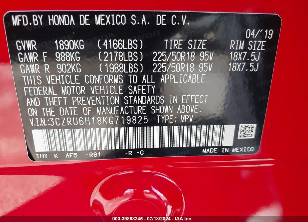 2019 HONDA HR-V SPORT VIN: 3CZRU6H18KG719825
