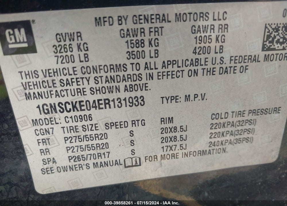2014 CHEVROLET SUBURBAN 1500 LTZ VIN: 1GNSCKE04ER131933