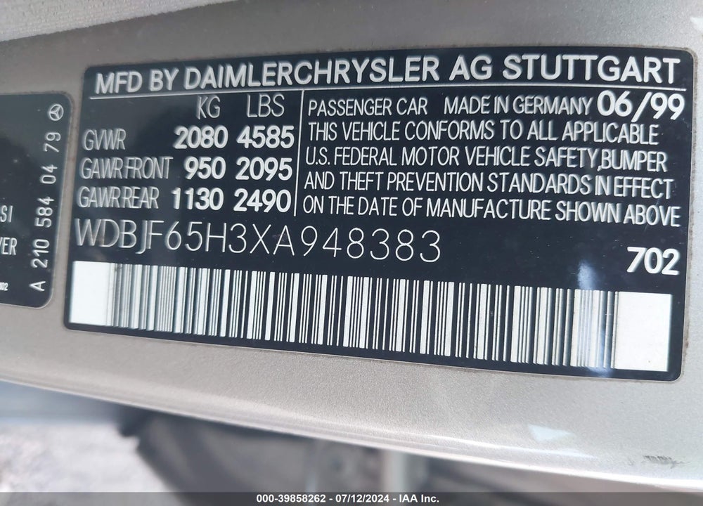 1999 MERCEDES-BENZ E 320 VIN: WDBJF65H3XA948383