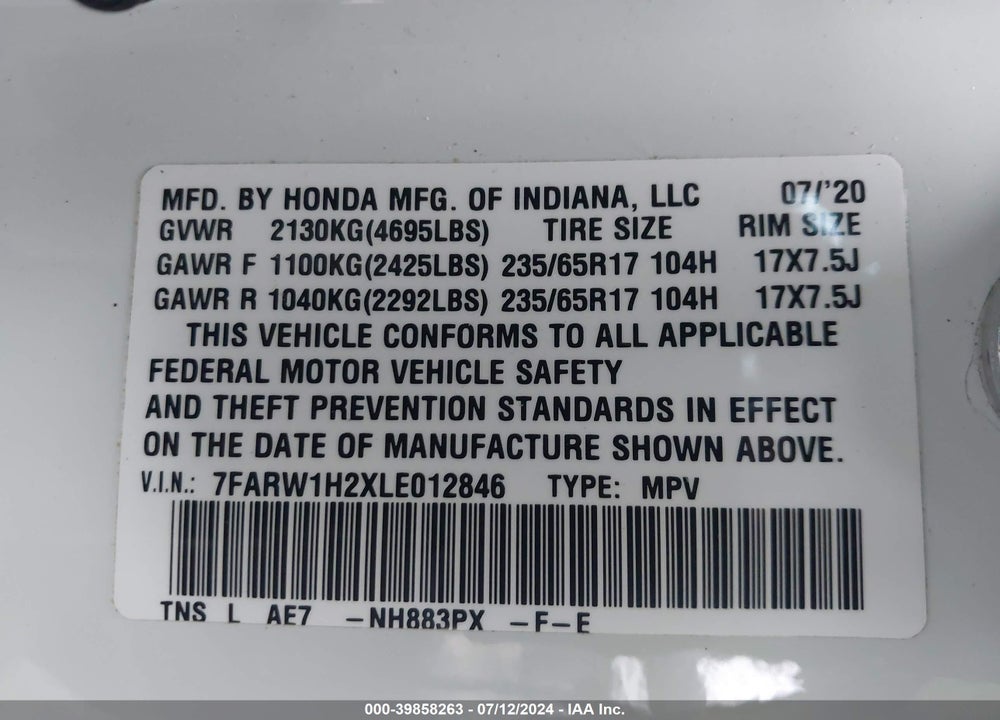 2020 HONDA CR-V 2WD LX VIN: 7FARW1H2XLE012846