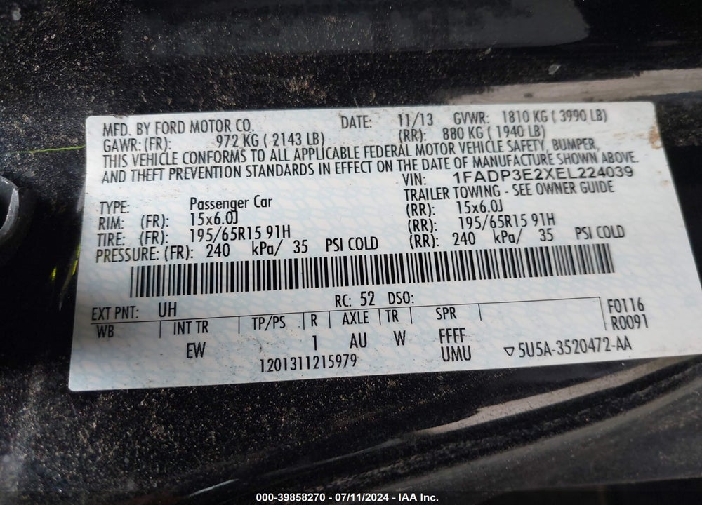 2014 FORD FOCUS S VIN: 1FADP3E2XEL224039