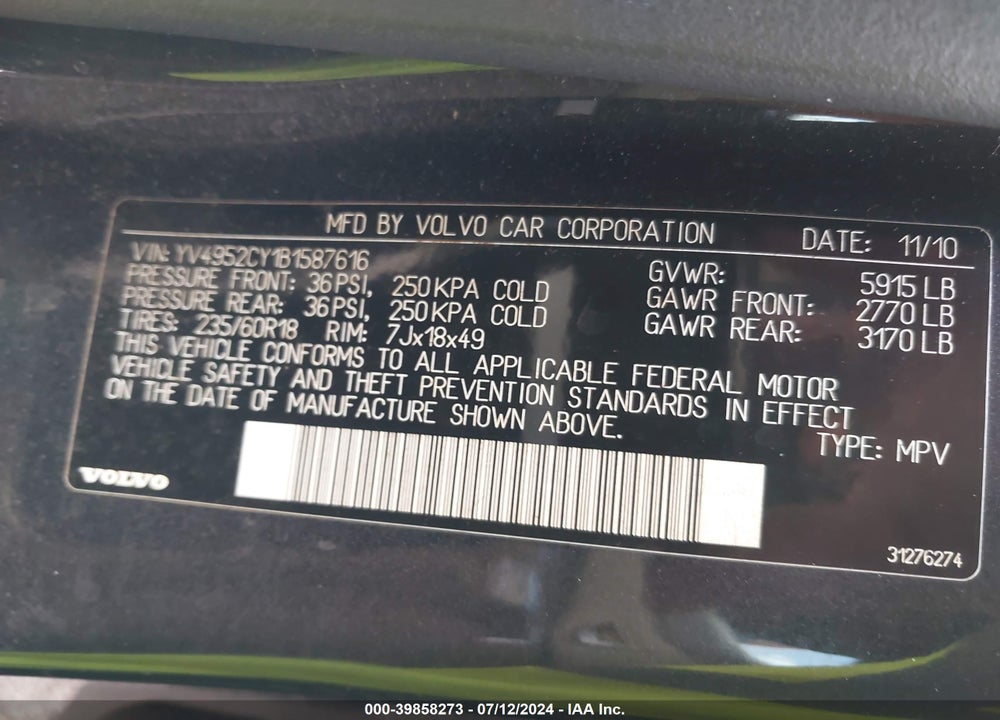 2011 VOLVO XC90 3.2 VIN: YV4952CY1B1587616