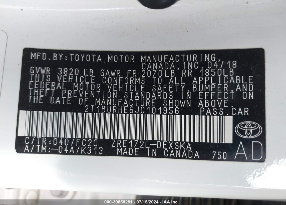 2018 TOYOTA COROLLA SE VIN: 2T1BURHE6JC101956