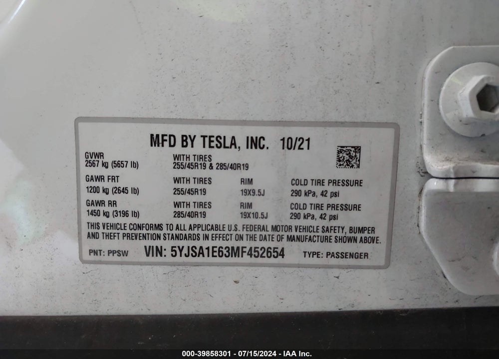 2021 TESLA MODEL S PLAID TRI MOTOR ALL-WHEEL DRIVE VIN: 5YJSA1E63MF452654