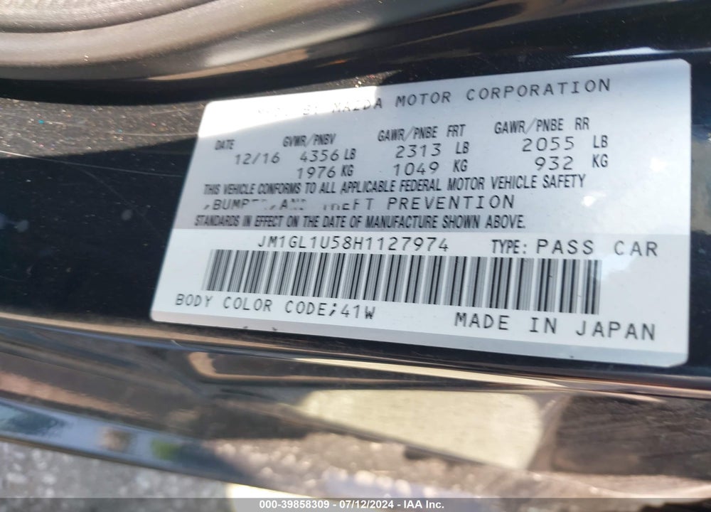 2017 MAZDA 6 SPORT VIN: JM1GL1U58H1127974