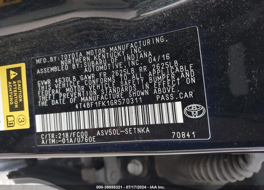 2016 TOYOTA CAMRY LE VIN: 4T4BF1FK1GR570311