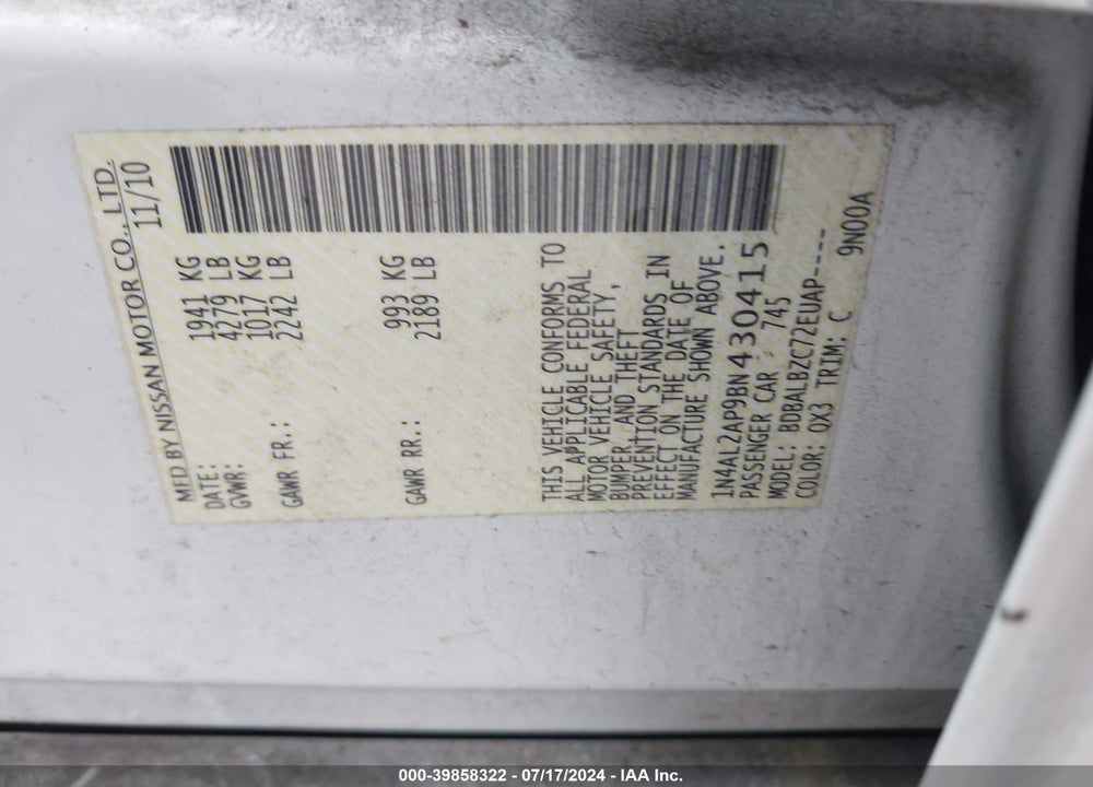 2011 NISSAN ALTIMA 2.5 S VIN: 1N4AL2AP9BN430415