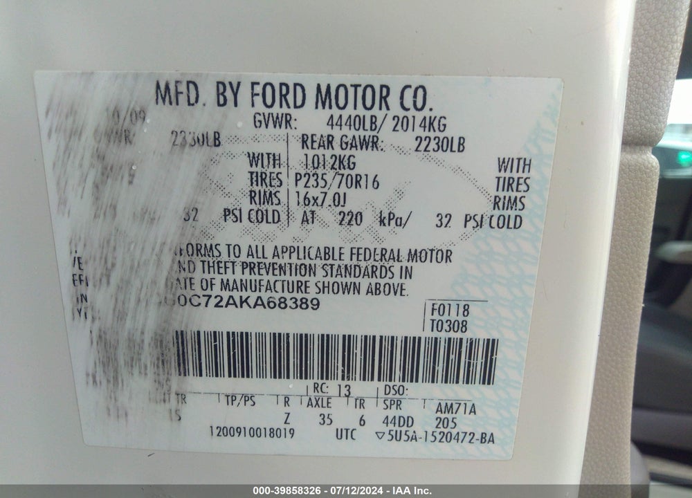 2010 FORD ESCAPE XLS VIN: 1FMCU0C72AKA68389