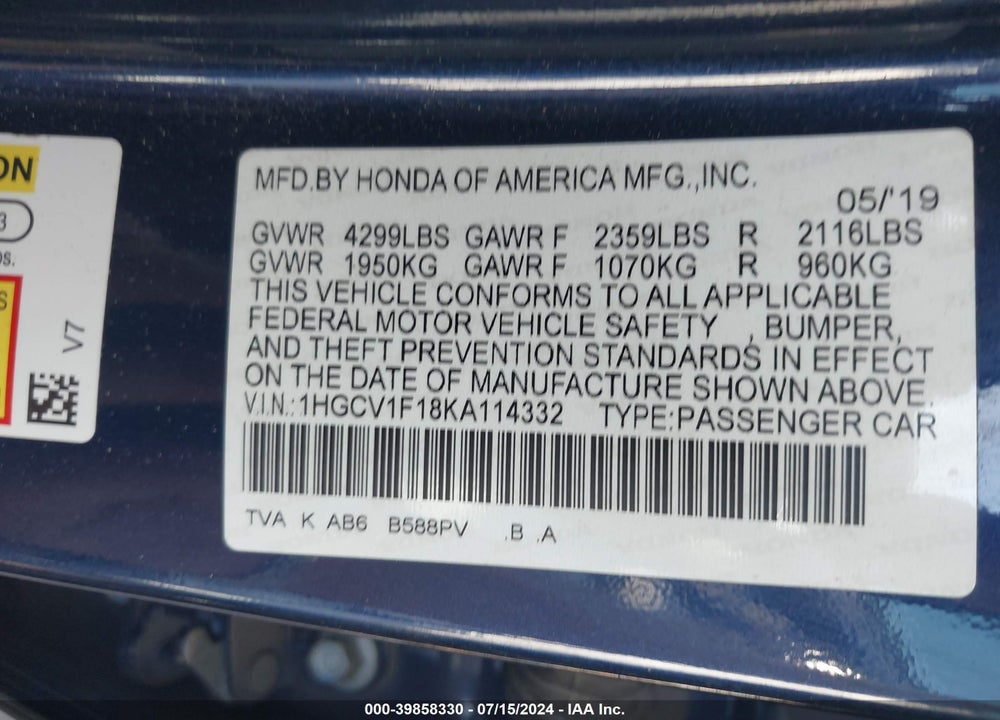 2019 HONDA ACCORD LX VIN: 1HGCV1F18KA114332