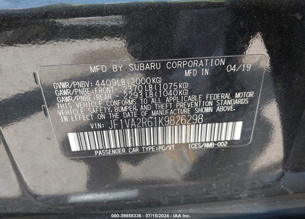 2019 SUBARU WRX STI VIN: JF1VA2R61K9826298