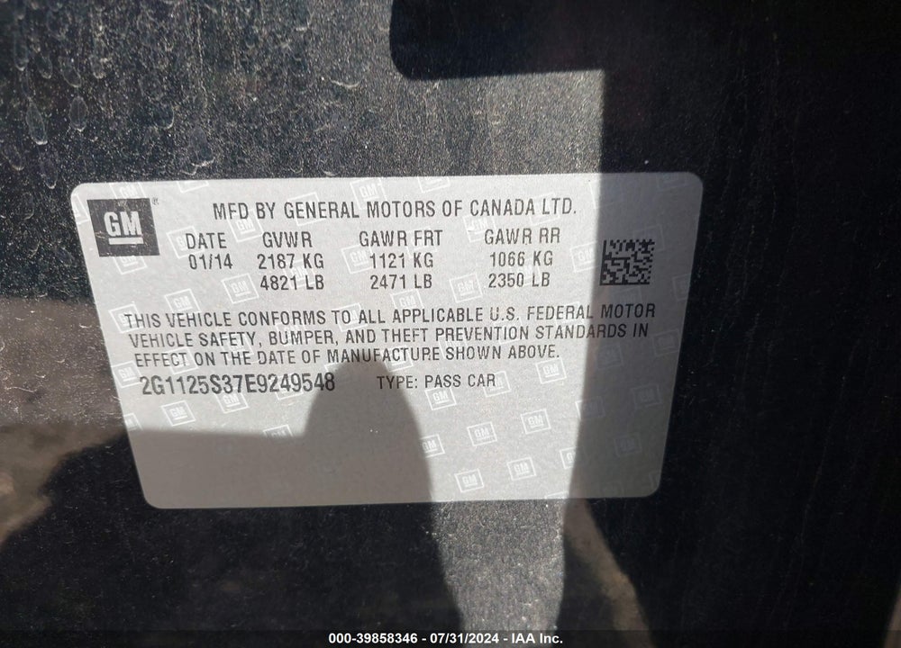 2014 CHEVROLET IMPALA 2LT VIN: 2G1125S37E9249548