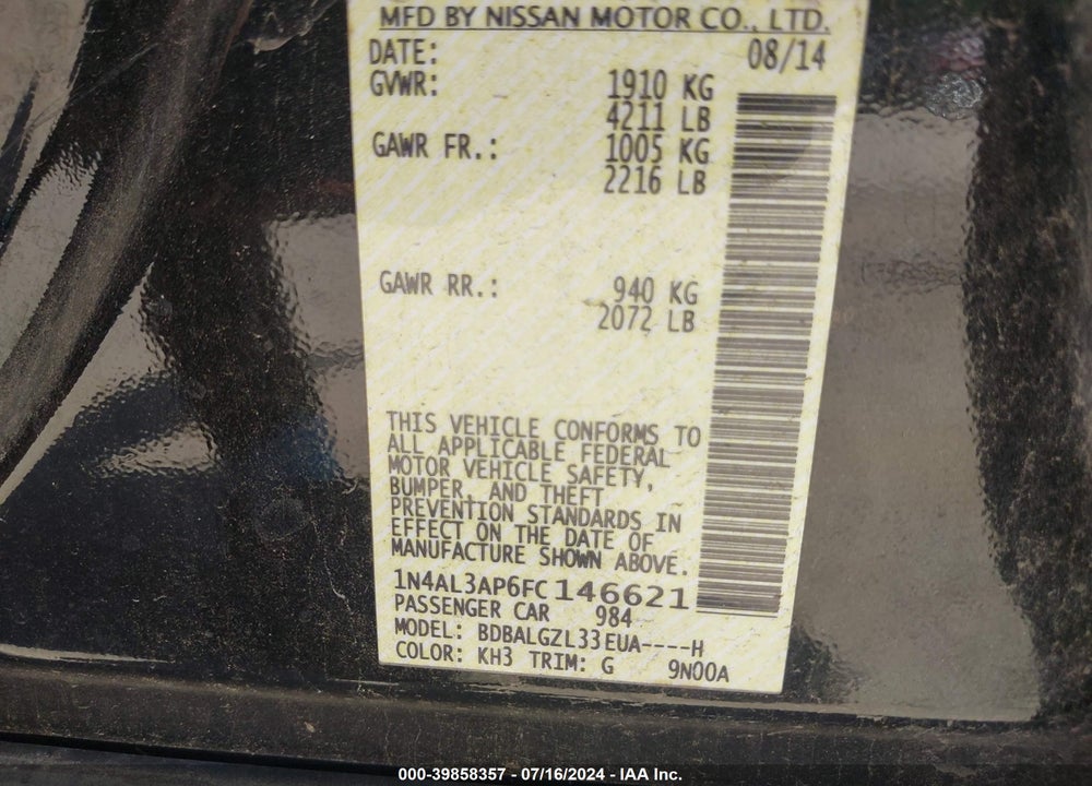 2015 NISSAN ALTIMA 2.5 S VIN: 1N4AL3AP6FC146621