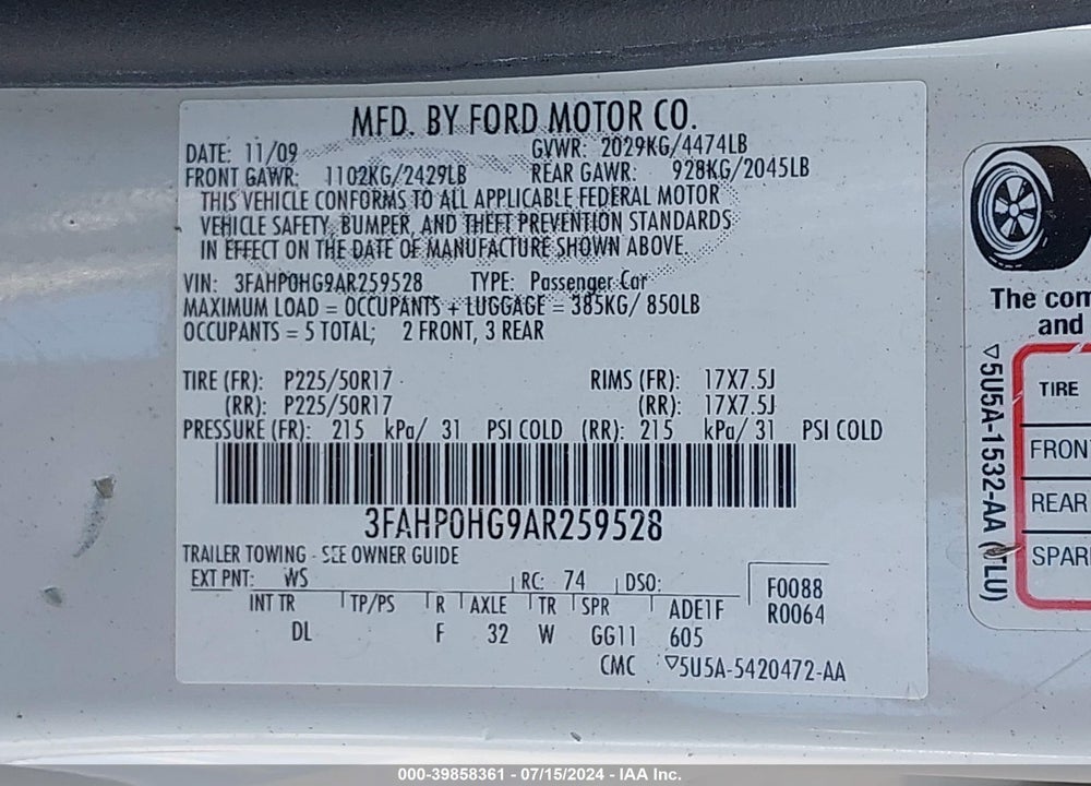 2010 FORD FUSION SE VIN: 3FAHP0HG9AR259528