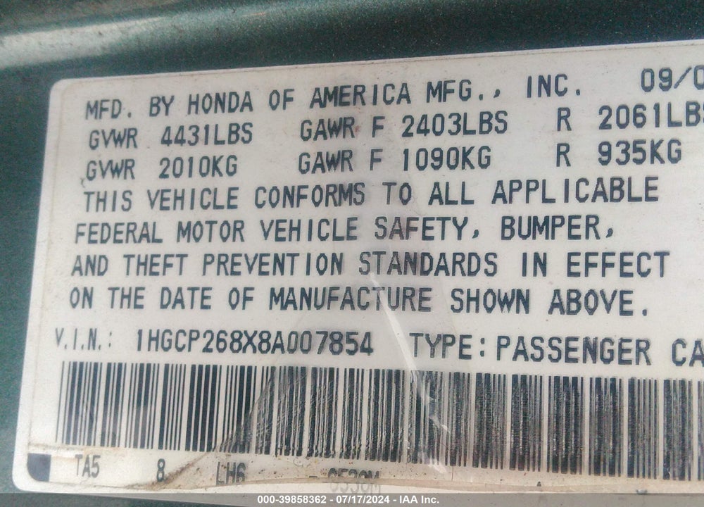 2008 HONDA ACCORD 2.4 EX-L VIN: 1HGCP268X8A007854