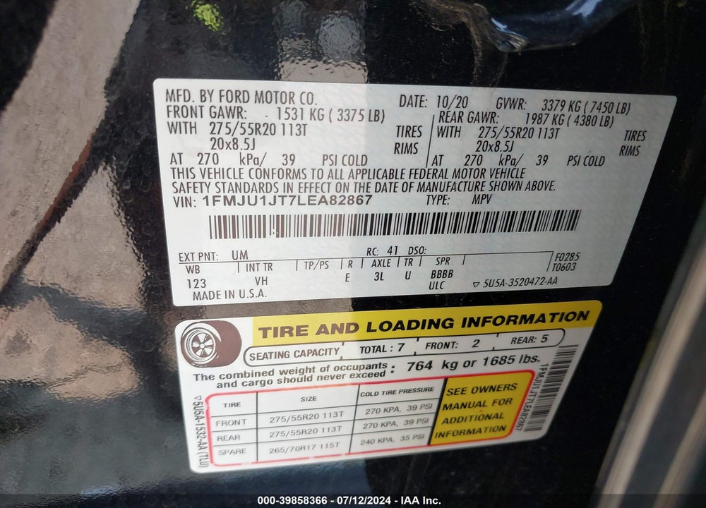 2020 FORD EXPEDITION XLT VIN: 1FMJU1JT7LEA82867