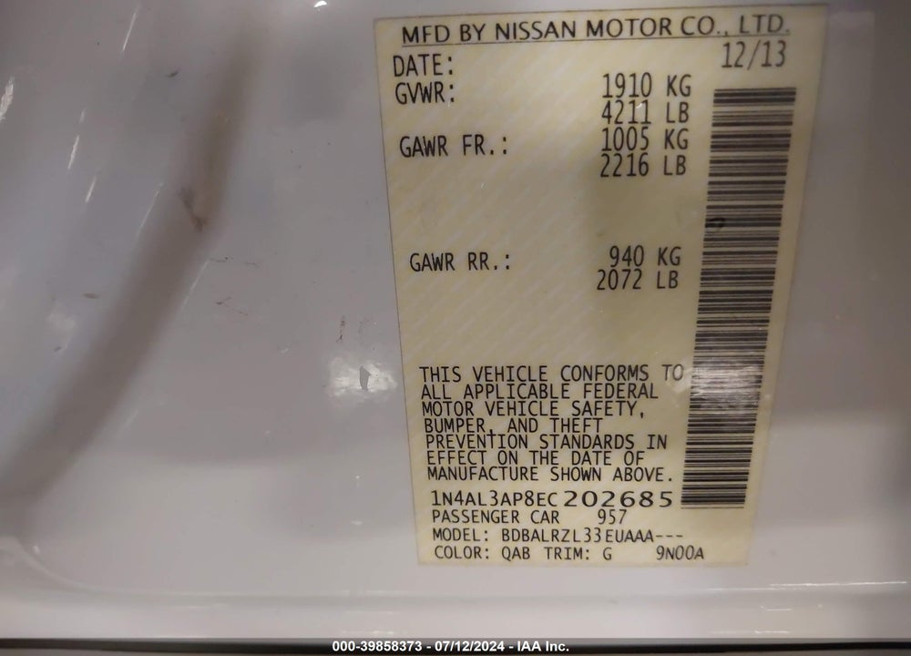 2014 NISSAN ALTIMA 2.5/2.5 S/2.5 SL/2.5 SV VIN: 1N4AL3AP8EC202685