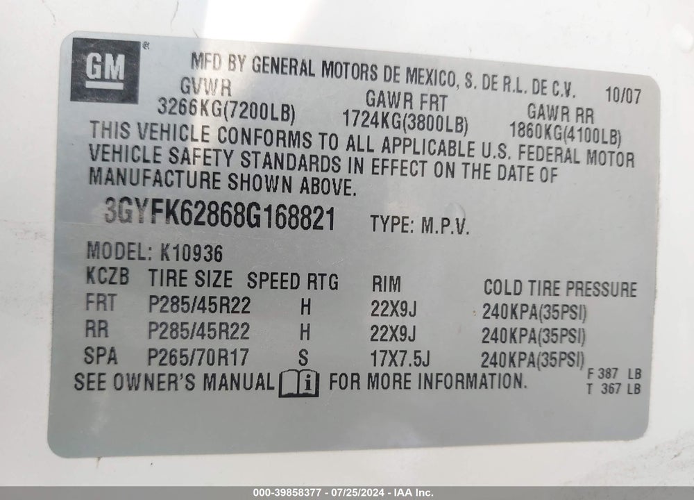 2008 CADILLAC ESCALADE EXT STANDARD VIN: 3GYFK62868G168821