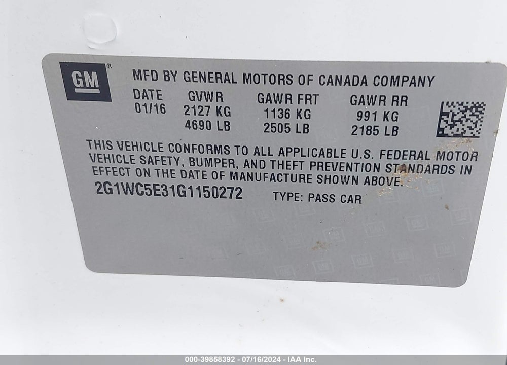 2016 CHEVROLET IMPALA LIMITED LTZ VIN: 2G1WC5E31G1150272