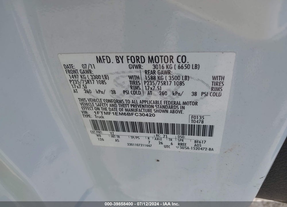2011 FORD F-150 XL VIN: 1FTMF1EM6BFC30420