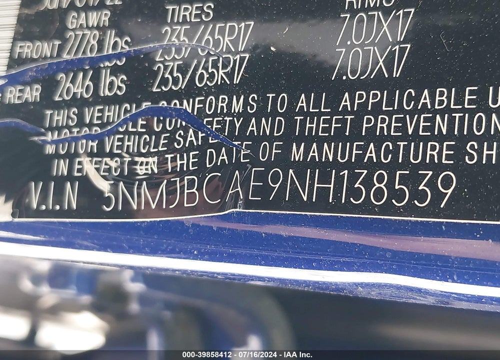 2022 HYUNDAI TUCSON SEL VIN: 5NMJBCAE9NH138539