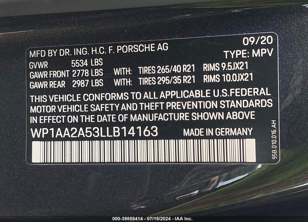 2020 PORSCHE MACAN VIN: WP1AA2A53LLB14163