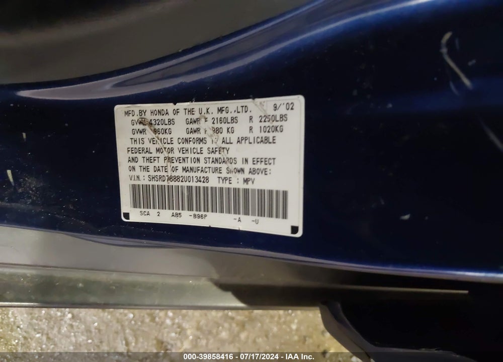2002 HONDA CR-V EX VIN: SHSRD78882U013428