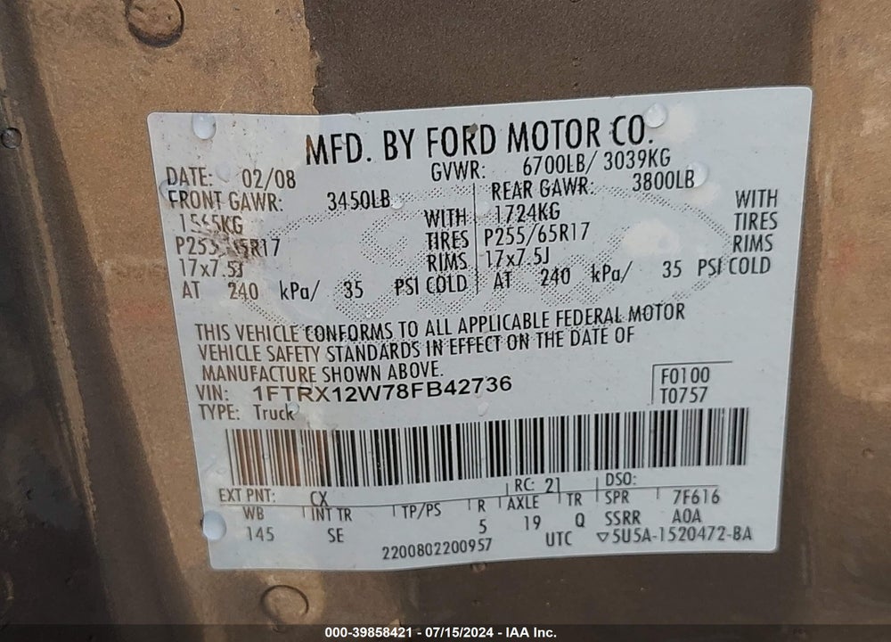 2008 FORD F-150 FX2/STX/XL/XLT VIN: 1FTRX12W78FB42736