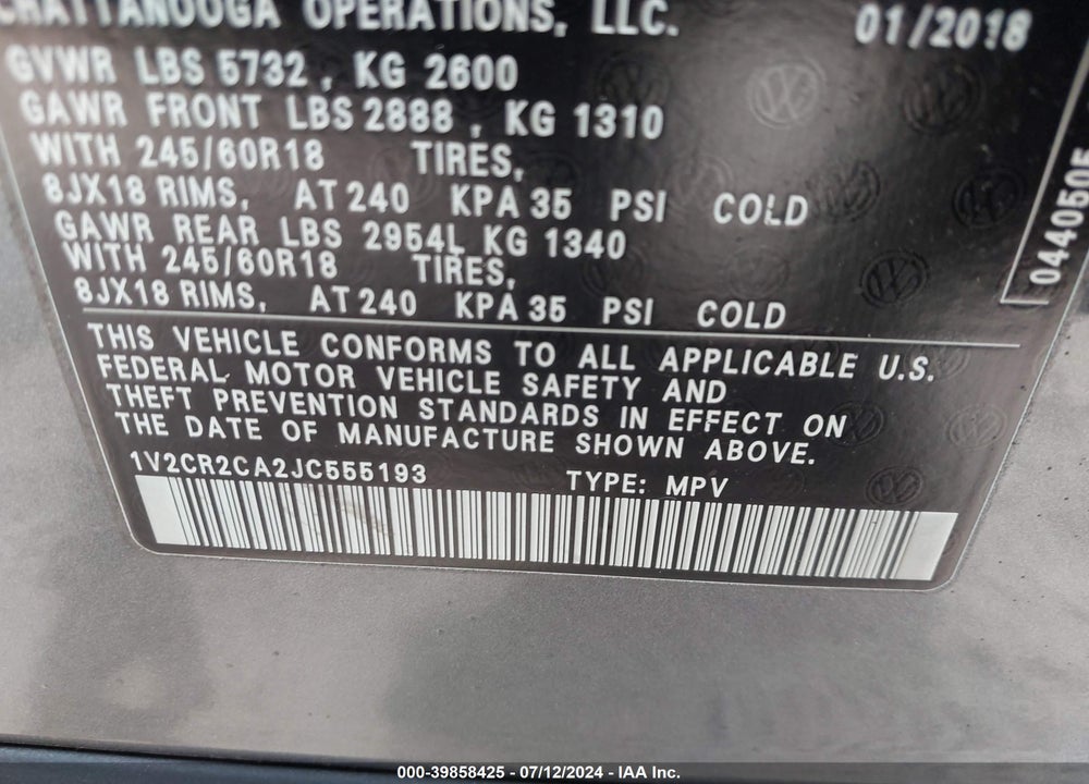 2018 VOLKSWAGEN ATLAS 3.6L V6 SE VIN: 1V2CR2CA2JC555193