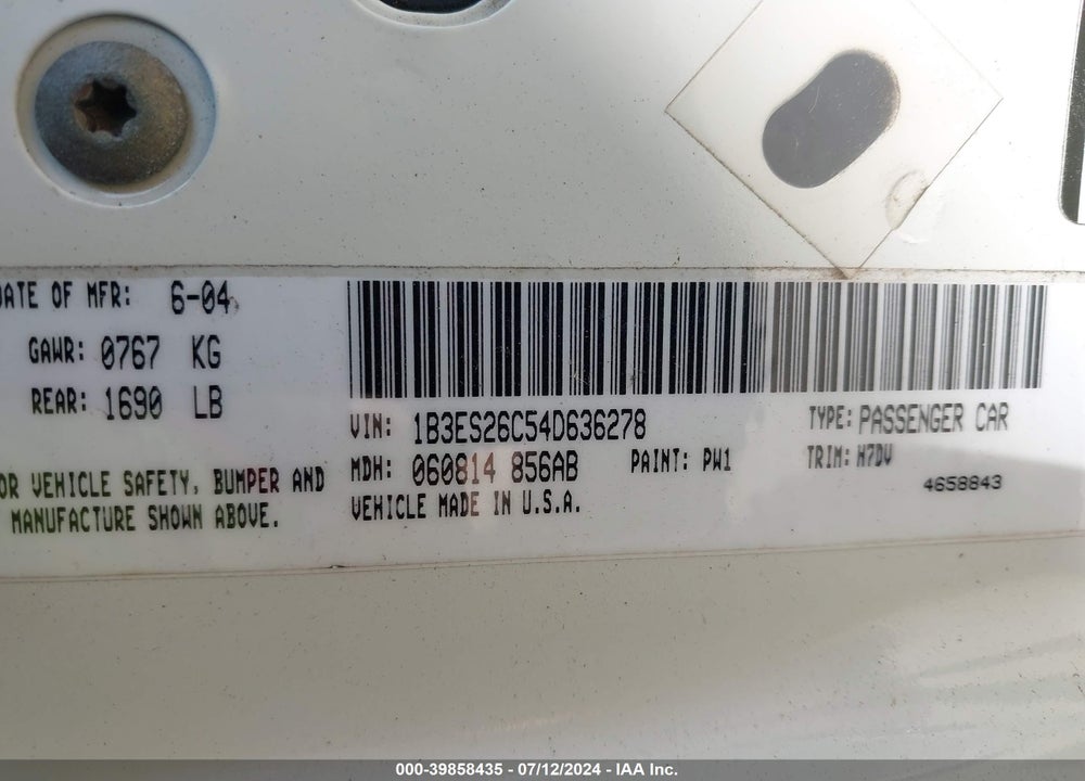 2004 DODGE NEON SE VIN: 1B3ES26C54D636278