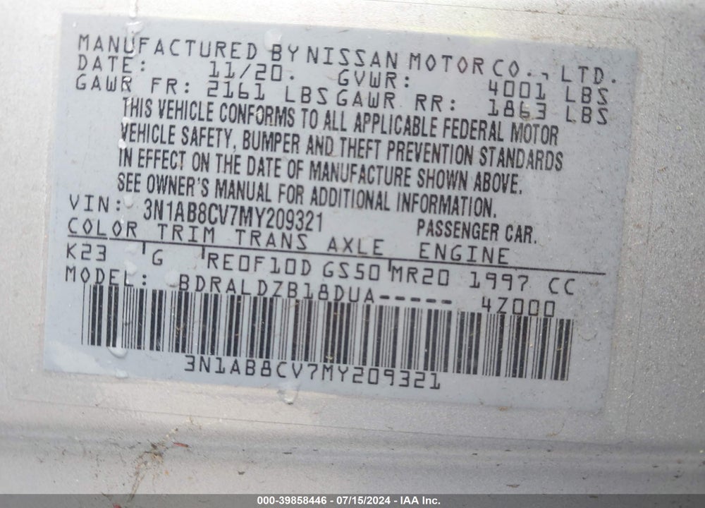 2021 NISSAN SENTRA SV XTRONIC CVT VIN: 3N1AB8CV7MY209321
