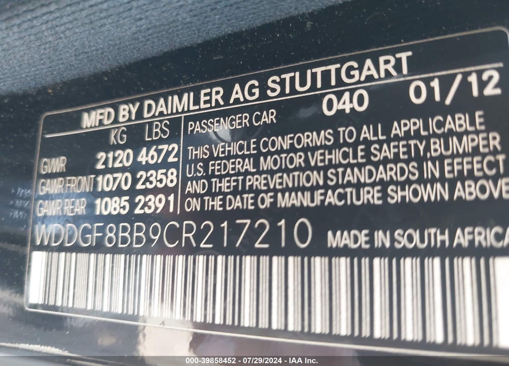 2012 MERCEDES-BENZ C 300 LUXURY 4MATIC/SPORT 4MATIC VIN: WDDGF8BB9CR217210