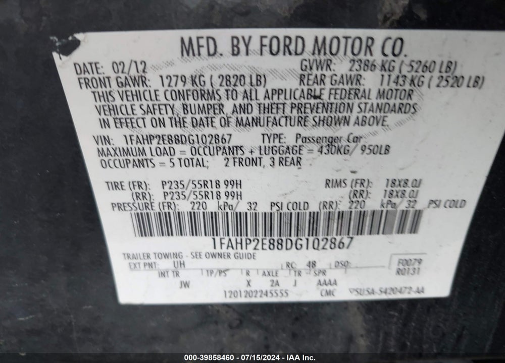 2013 FORD TAURUS SEL VIN: 1FAHP2E88DG102867