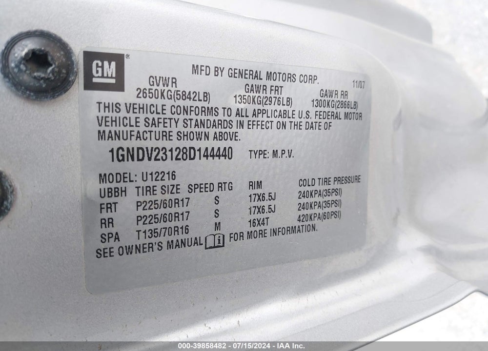 2008 CHEVROLET UPLANDER LS VIN: 1GNDV23128D144440