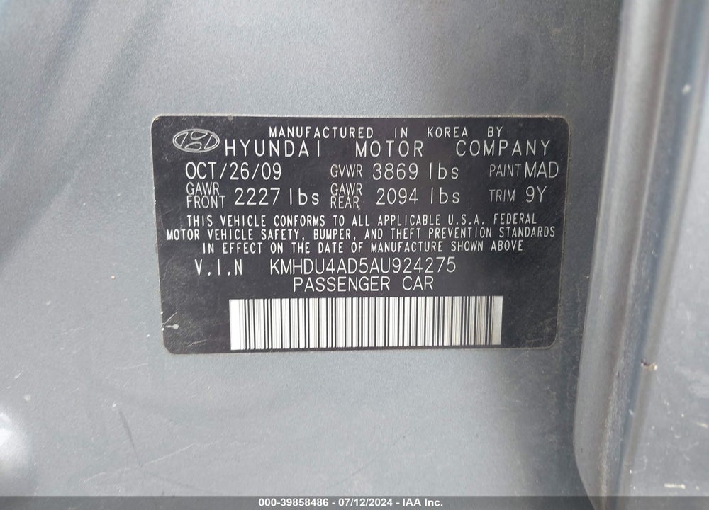 2010 HYUNDAI ELANTRA GLS VIN: KMHDU4AD5AU924275