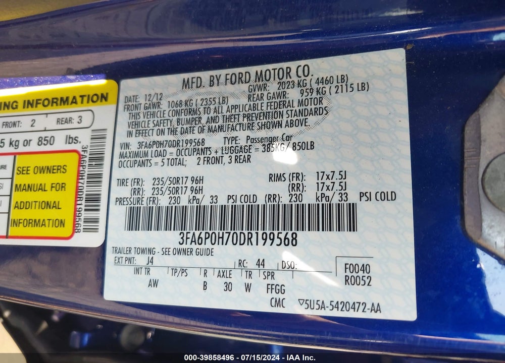 2013 FORD FUSION SE VIN: 3FA6P0H70DR199568