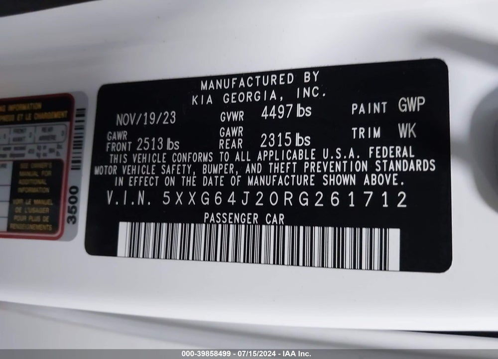 2024 KIA K5 GT LINE VIN: 5XXG64J20RG261712