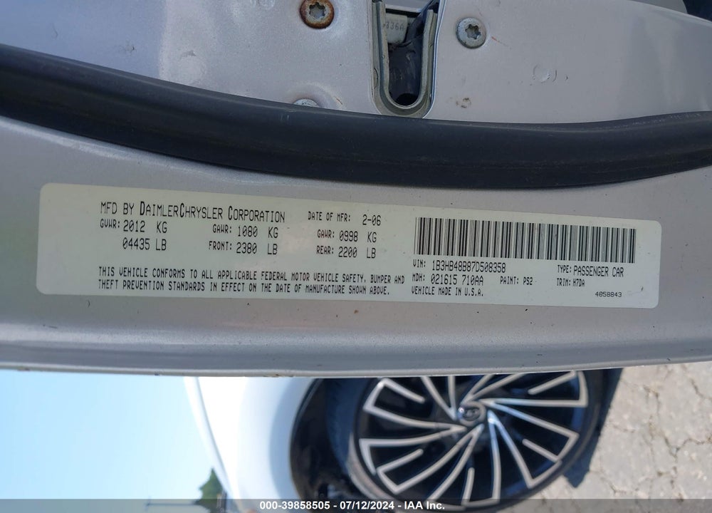 2007 DODGE CALIBER SXT VIN: 1B3HB48B87D508358