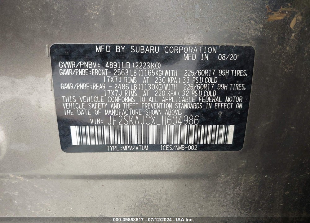 2020 SUBARU FORESTER PREMIUM VIN: JF2SKAJCXLH604986