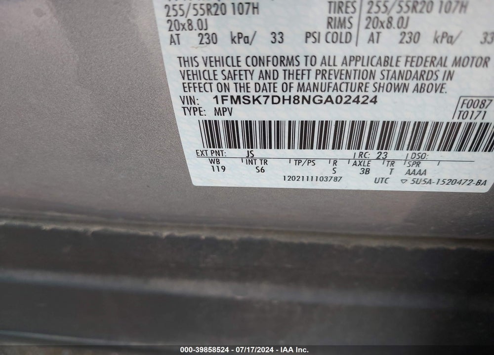 2022 FORD EXPLORER XLT VIN: 1FMSK7DH8NGA02424