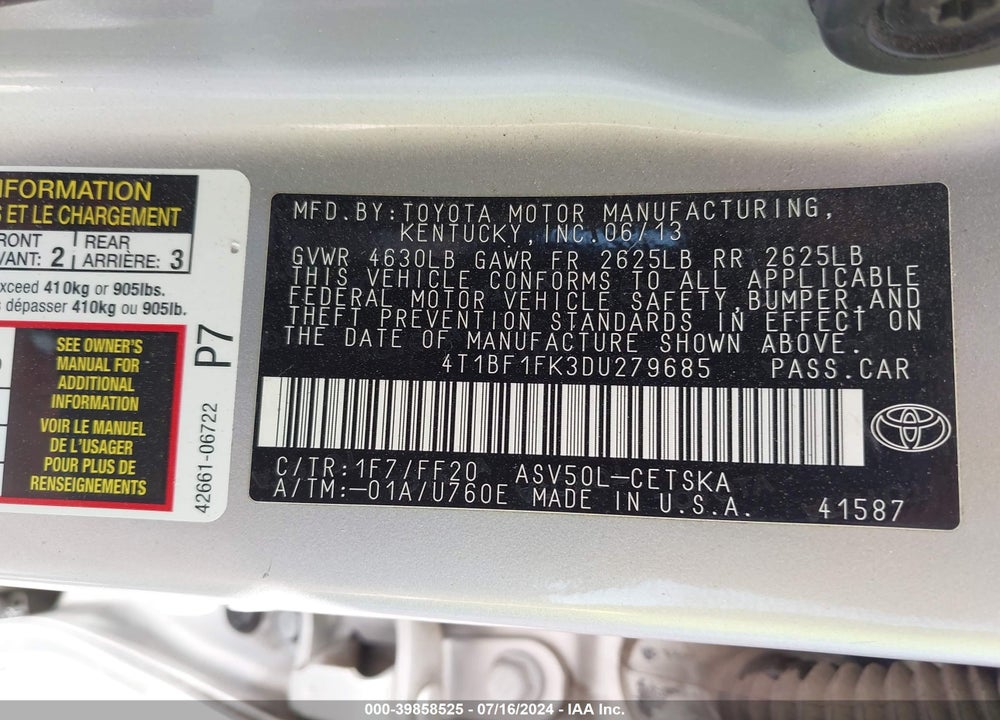 2013 TOYOTA CAMRY SE VIN: 4T1BF1FK3DU279685