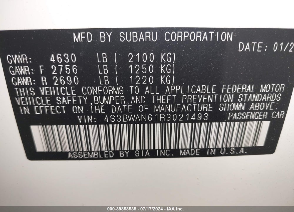 2024 SUBARU LEGACY LIMITED VIN: 4S3BWAN61R3021493