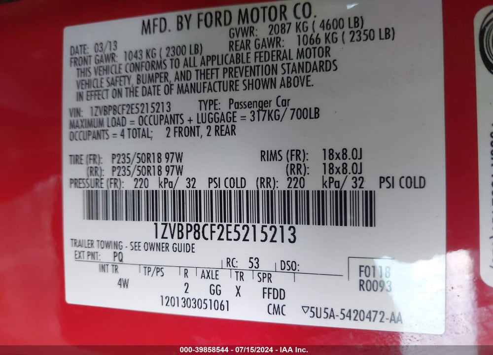 2014 FORD MUSTANG GT PREMIUM VIN: 1ZVBP8CF2E5215213