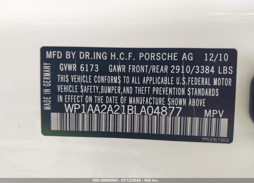 2011 PORSCHE CAYENNE VIN: WP1AA2A21BLA04877
