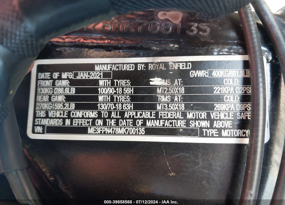 2021 ROYAL ENFIELD MOTORS INT 650 VIN: ME3FPN478MK700135