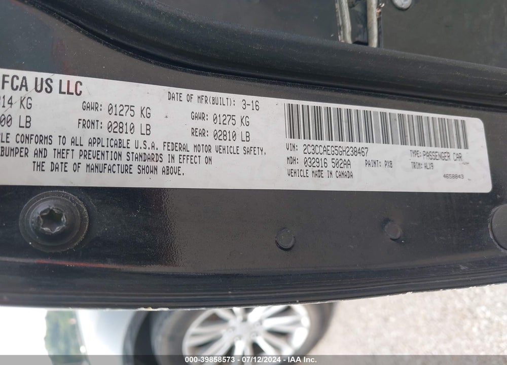 2016 CHRYSLER 300C VIN: 2C3CCAEG5GH238467