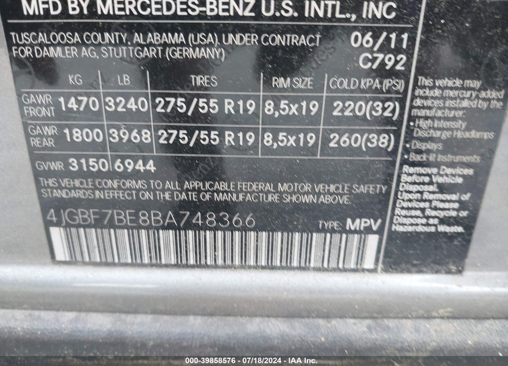 2011 MERCEDES-BENZ GL 450 4MATIC VIN: 4JGBF7BE8BA748366