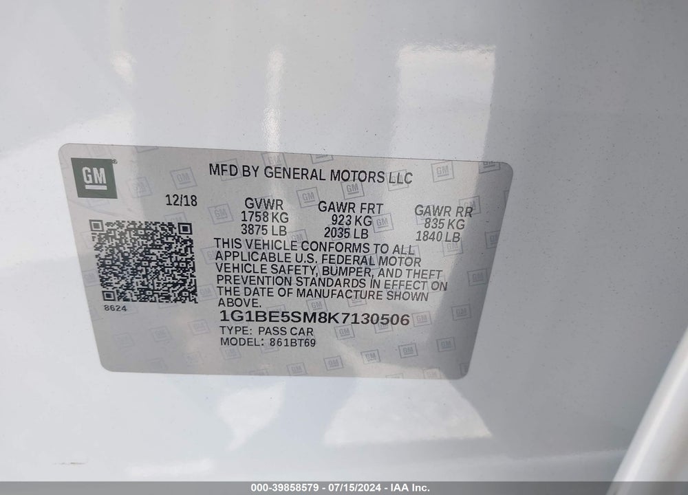 2019 CHEVROLET CRUZE LT VIN: 1G1BE5SM8K7130506